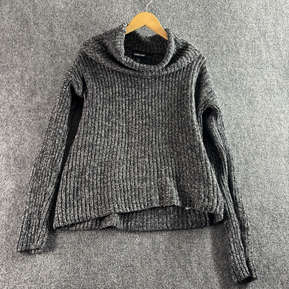 Lands End Knit Sweater Cowl Neck Grey Women Size S 6-8 Fisherman PreppyBasics